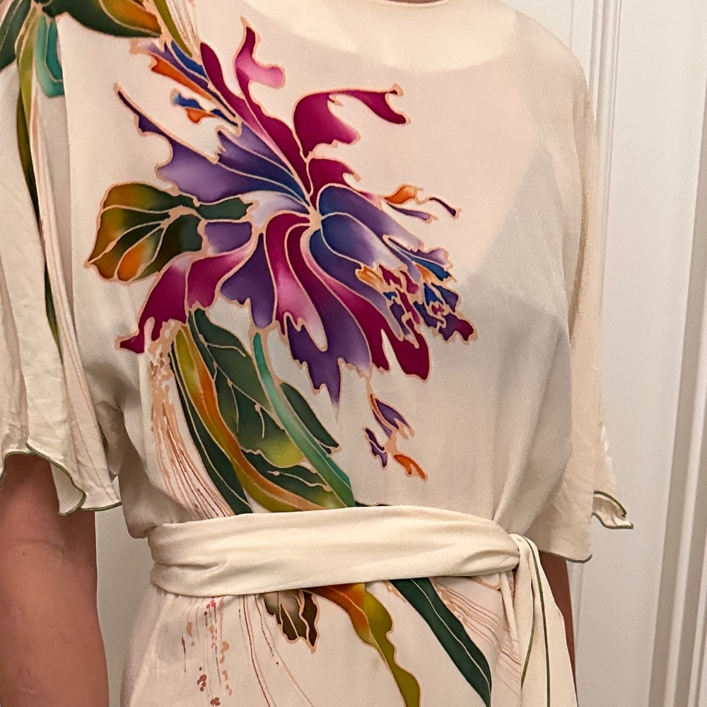 Vintage 80's Pue Silk, Yolanda Lorente floral hand painted dress - Picture 5 of 5